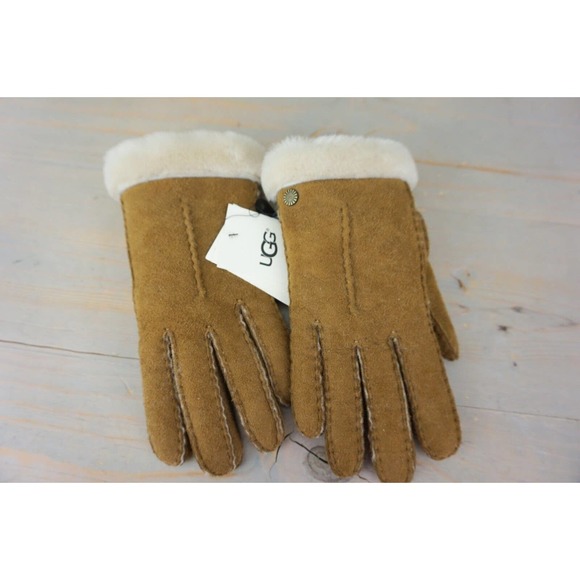 UGG CARTER SINGLE POINT CHESTNUT SUEDE SHEEPSKIN GLOVES WOMENS SMALL NWT - Picture 1 of 12